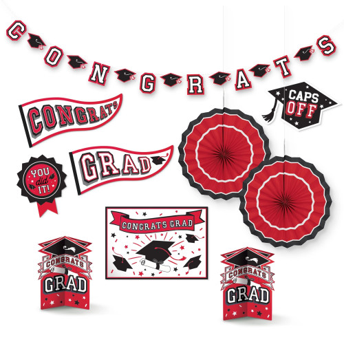 Red Grad Room Decorating Kit. Using a red, black, and white color scheme, this decoration kit incorporates grad caps and messages such as "CONGRATS," "CAPS OFF," and "YOU did IT!" Package includes 1 count 10ft cardstock garland, 2 count 10in cardstock table centerpieces, 2 count 12in paper fans, and 5 count 10in to 14in cardstock cutouts.