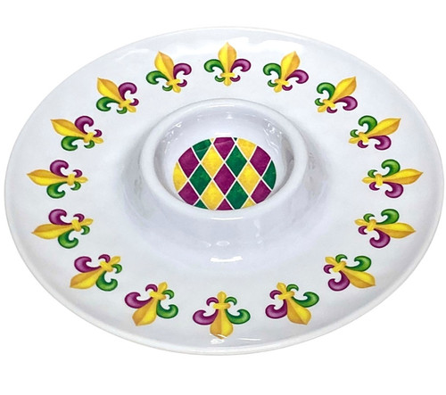 Mardi Gras Fleur de Lis Melamine Chips & Dip Platter. This white platter features a border of purple, green, and gold fleur de lis, with a harlequin pattern center section perfect for holding your favorite dip. Measures 13.5in.