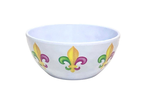 Mardi Gras Fleur de Lis Melamine Dip Bowl. This white bowl features a wrap around design of purple, green, and gold fleur de lis. Measures 4.75in in diameter, 2.5in tall.