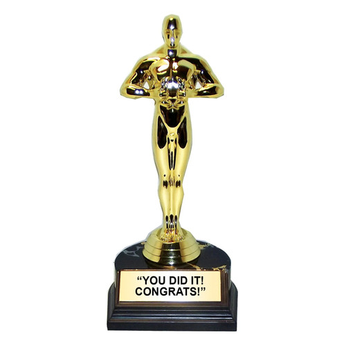 Mini Gold Statue Trophy - You did it, congrats! This plastic gold tone man holding a laurel stands on a black base with a gold frame around black text. Available in multiple messages. Package includes 1 count trophy measuring 7in tall x 3in wide.