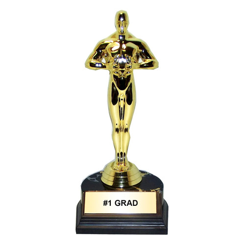 Mini Gold Statue Trophy - #1 Grad. This plastic gold tone man holding a laurel stands on a black base with a gold frame around black text. Available in multiple messages. Package includes 1 count trophy measuring 7in tall x 3in wide.