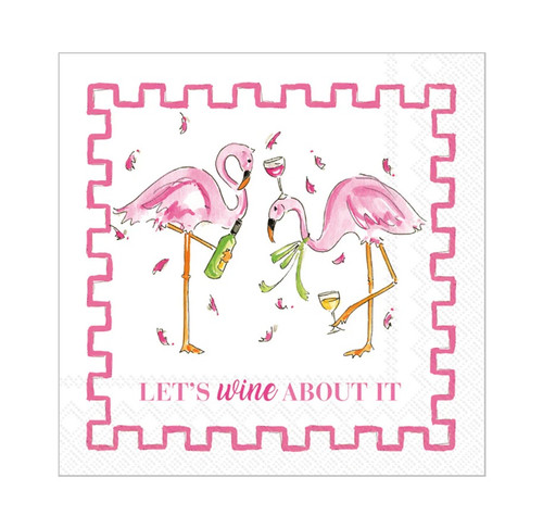 Wine About It Beverage Napkins. These small, white, 3 ply paper napkins feature a pink decorative border around a couple of flamingos with wine glasses above "LET'S wine ABOUT IT" in a combination of pink capital letters and script. Package includes 20 count napkins measuring 5in when folded.