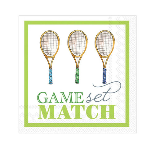 Game Set Match Beverage Napkins. These small, white, 3 ply paper napkins feature a light green border around three tennis rackets over "GAME set MATCH" in a combination of green capital letters and grey script. Package includes 20 count napkins measuring 5in when folded.