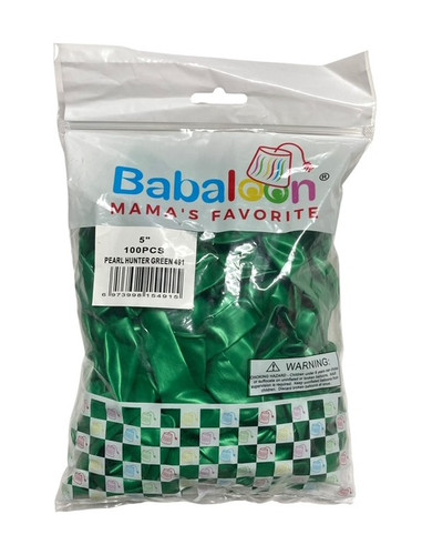 Pearl Hunter Green Latex Balloons. Package includes 100 count, 5 inch uninflated balloons.