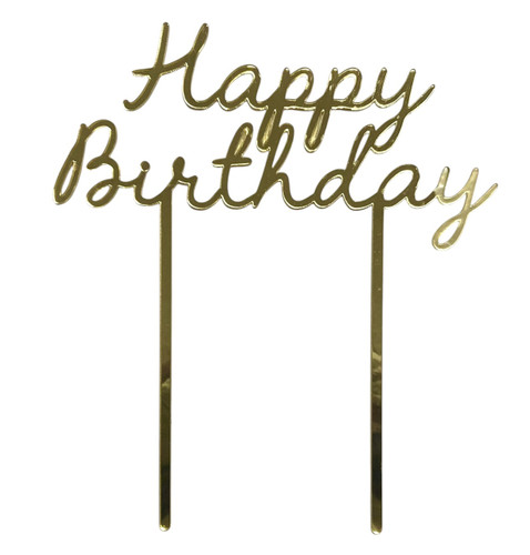 Gold Script Happy Birthday Cake Topper. This gold acrylic topper features Happy Birthday in script with two stakes to place in a cake. The underside is silver. Measures 7.25in wide x 3.4in tall, 8.25in tall with stakes.
