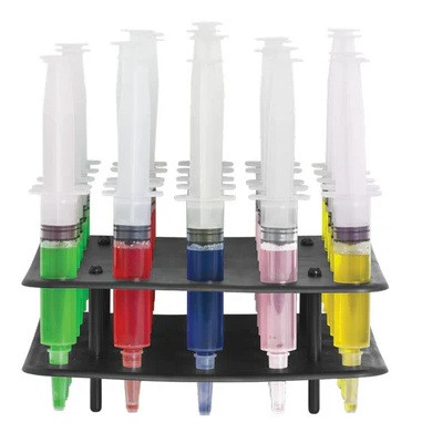 Jello Shot Syringes and Rack Kit. These syringes are a great way to serve your favorite flavored jello shot. Package includes 25 count 1.5oz syringes and plastic rack for carrying and display.