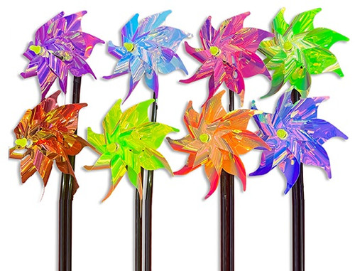 Iridescent Plastic Garden Spinner. This black plastic stake features a thin plastic pinwheel with a shiny iridescent finish, available in multiple colors. Could also be used as a hand held pinwheel toy. Desired color not guaranteed. Package includes 1 count spinner, plastic stake measuring 14.25in, pinwheel measuring 6.75in in diameter.