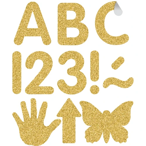 These sheets of adhesive letters, numbers, and punctuation are in a simple glittery gold font. They are removable and can be repositioned. Package includes 276 count cutouts total, with 180 count uppercase letters, 30 count numbers (0 - 9), 37 count punctuation marks, 17 count icons (such as hearts, stars, and handprints), and 12 count Spanish accent marks. The largest pieces measure about 2in. Sizes will vary for each piece.