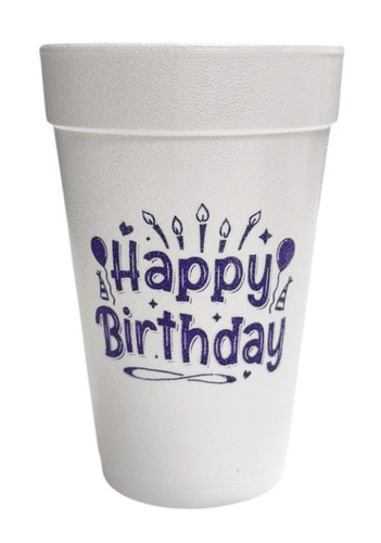 Happy Birthday Styrofoam Cups - Purple. 16 oz white Styrofoam Cups, featuring the words "Happy Birthday" in purple ink underneath five birthday candles and surrounded by icons such as balloons, party hats, and confetti. Each sleeve includes 25 durable cups, perfect for hot or cold drinks at your party.