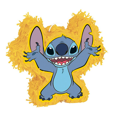 Stitch Mini Pinata Decoration. This mini table or hanging decoration features a shaped pinata design with yellow tissue fringe and a printed picture of Stitch with his arms in the air (on both flat sides). A seal is available on the side to hide favors and treats. Measures 7.5in tall x 8in wide x 2.75in thick.