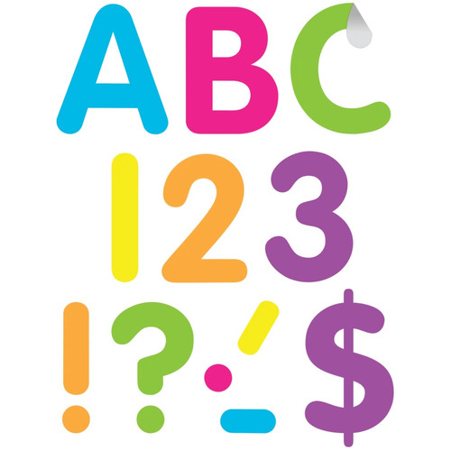 These sheets of adhesive letters, numbers, and punctuation are in a simple bright multicolor font. They are removable and can be repositioned. Package includes 108 count cutouts total, with 70 count uppercase letters, 20 count numbers (0 - 9), and 18 count punctuation marks. The largest pieces measure about 4in. Sizes will vary for each piece.