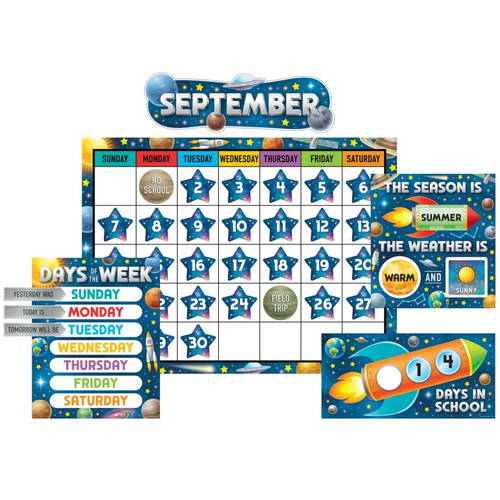 This set includes colorful, easy to read pieces for numbers, months, days of the week, seasons, weather, and additional pieces for holidays and special occasions, all with a fun outer space theme. Blank calendar measures 24in x 18in.