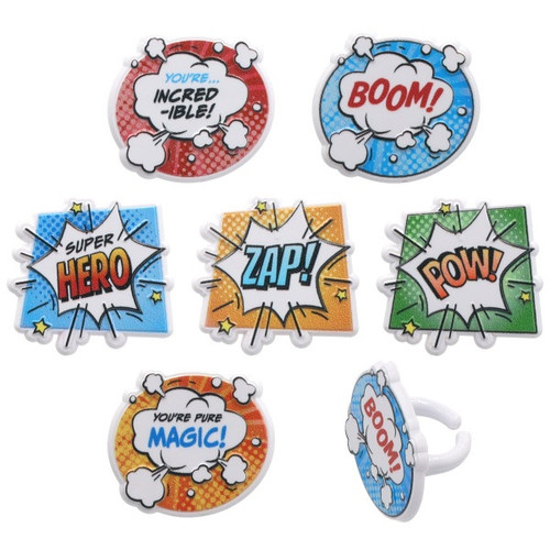 Superhero Themed Cupcake Rings. Available with the phrases "BOOM," "POW," "ZAP," and more, these colorful plastic cupcake rings feature action bubbles with different text and shapes with a dotted comic print background. Amount of each type of ring in each package may vary based on supply. Package includes 6 count rings measuring 1.4in.