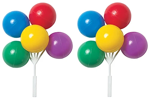Balloon Cluster DecoPics. This plastic decoration is a cluster of blue, red, yellow, green, and purple balloons on a white pick. Package includes 2 count picks measuring 3.6in x 3.4in x 1.25in.