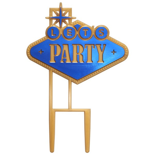 Let's Party Vertical Layon. This plastic pick has a Las Vegas marquee style design in blue and gold featuring the text "LETS PARTY." Package includes 1 count pick measuring 3.95in x 5.8in.