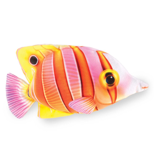 Plush Fish - Rocket Butterfly Fish. This stuffed animal has realistic printed fabric details of a bright orange Rocket Butterfly Fish. Measures about 9.5in long with tail x about 5in tall.