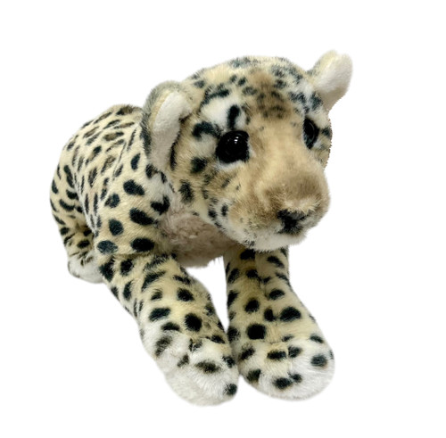 Plush Leopard Cub. Huggable and soft with plastic eyes and realistic printed textures, it also makes a nice gift. Measures about 16.5in long with tail. Stuffing made with recycled PET.