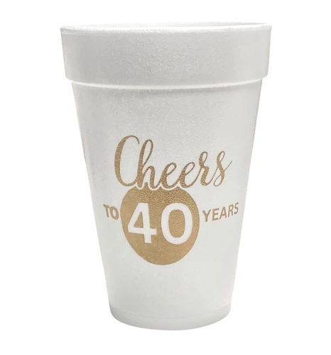 Cheers to 40 Years Styrofoam Cups. These white Styrofoam cups feature "Cheers" in script over "TO 40 YEARS" with a circle around the "40" in gold ink. Package includes 25 count, 16 ounce cups.