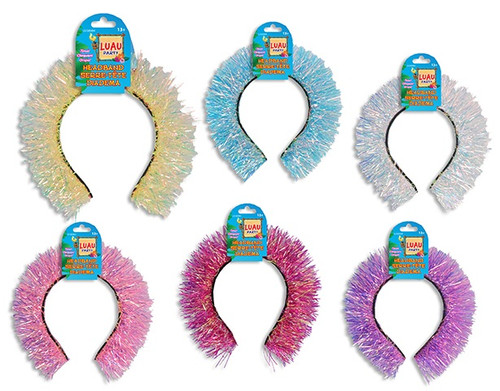 Luau Iridescent Tinsel Headband. This plastic headband features attached shimmery iridescent tinsel in either yellow, blue, white, light pink, dark pink, or purple. Desired color not guaranteed. Includes 1 headband measuring 9in. One size fits most.