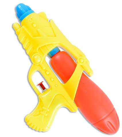 Reservoir Tank Water Gun - Yellow and Orange. This plastic water gun has a removable refillable tank. Available in bright colors yellow and orange or blue and yellow. Desired color not guaranteed. Package includes 1 count toy, measuring 10in long.