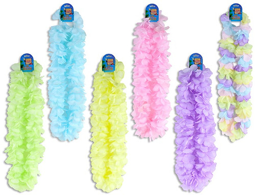 Pastel Hibiscus Lei. This lei features pretty pastel fabric flowers. Includes 1 lei, measuring 40in, desired color not guaranteed. One size fits most.