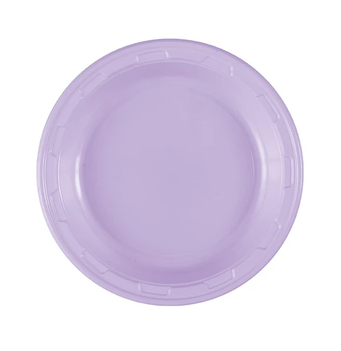 Lavender Plastic Dessert Plates. These sturdy round plastic plates feature a light purple color. Package includes 50 count 6.75in plates.