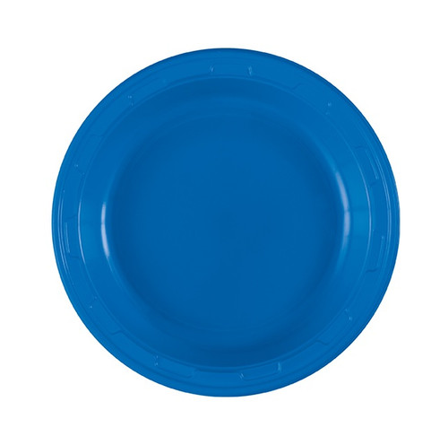 Blue Plastic Dessert Plates. These sturdy round plastic plates feature a royal blue color. Package includes 50 count 6.75in plates.