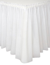 Plain White Plastic Table Skirt. This plastic skirt features a self-adhesive edge and is great for weddings, holidays, and birthday parties. Measures 21ft x 29in.