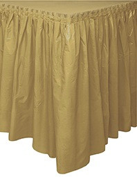 Solid Gold Plastic Table Skirt. This plastic skirt features a self-adhesive edge and is great for sporting events, holidays, and birthday parties. Measures 21ft x 29in.