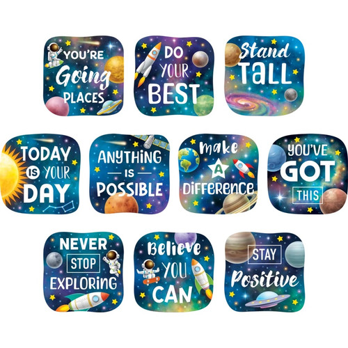 These Outer Space Crew Positive Sayings have rounded square shapes and a variety of sayings such as "DO YOUR BEST," "STAND TALL," "TODAY IS YOUR DAY," and more in white text. They feature colorful starry backgrounds with iconography such as planets, rocket ships, and astronauts. Package includes 30 count cutouts total measuring about 6in.