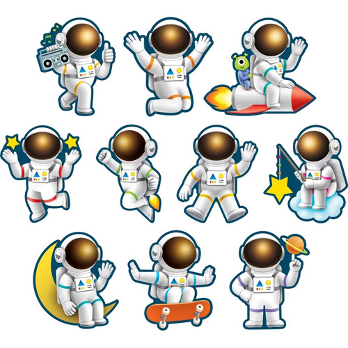 These Outer Space Crew Astronauts are in various poses, some with accessories such as a boom box, rocket ship, or fishing pole. Package includes 30 count cutouts total with 10 count different designs measuring about 6in.
