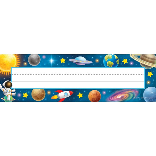 These printed cardstock nameplates are perfect for labeling students' desks, cubbies, work folders, and more. These rectangular Outer Space Crew Name Plates have a space to write a name and a border decorated with a colorful starry background with planets, spaceships, and an astronaut. Package includes 36 pieces measuring 11.5in x 3.5in.