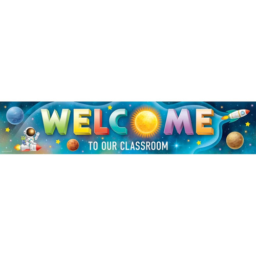 This Outer Space Crew Welcome to Our Classroom Banner has a colorful starry background with planets, spaceships, and an astronaut. "WELCOME" in multicolor blocky letters, with a sun taking the place of the "O," sits above "TO OUR CLASSROOM" in smaller white text. Measures 8in x 39in.