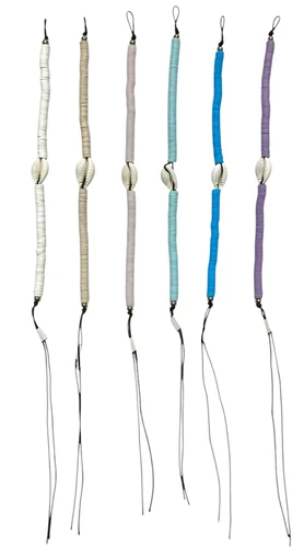 Seashell Bracelet. This bracelet features tiny beads in either white, ivory, light pink, seafoam green, blue, or light purple, with a white seashell, on a black cord. Desired color not guaranteed. Package includes 1 count bracelet, one size fits most.