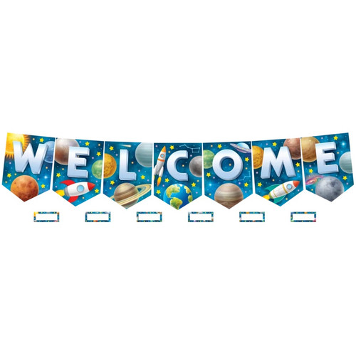 Bulletin Board Display Set - Outer Space Crew Welcome Pennants. This set includes colorful starry pennants that spell "WELCOME," accented with planets and rocket ships. Also included are similarly themed blank cards to write students' names. Banner pennants measure 9.5in x 13.25in, banner measuring about 84in when assembled. 43 count label accents measure 5in x 2in.