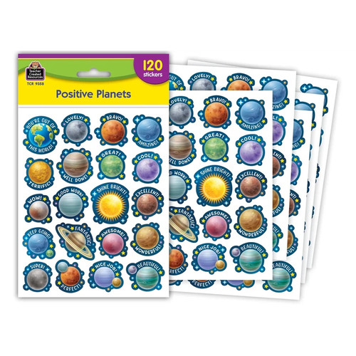Sticker Sheets - Positive Planets. These stickers are great for encouraging good work or behavior in a classroom setting. These shaped colorful planet themed stickers feature motivational sayings such as "COOL!" "AWESOME!" "NICE JOB!" and more. Package includes 120 count stickers in 20 designs, measurements vary between about 1.5in - 7/8in.