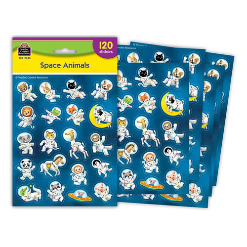 Sticker Sheets - Space Animals. These stickers are great for encouraging good work or behavior in a classroom setting. These shaped colorful stickers feature various animals in space suits with a blue trim. Also works well as envelope sealers or for other party crafts. Package includes 120 count stickers in 20 designs, measurements vary between about 1.5in - 5/8in.