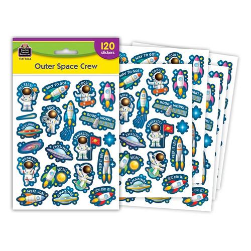 Sticker Sheets - Outer Space Crew. These stickers are great for encouraging good work or behavior in a classroom setting. These shaped colorful space themed stickers feature astronauts, space ships, and stars along with motivational sayings such as "EXCELLENT!" "AMAZING!" "WAY TO GO!" and more. Package includes 120 count stickers in 20 designs, measurements vary between about 1.5in - .5in.