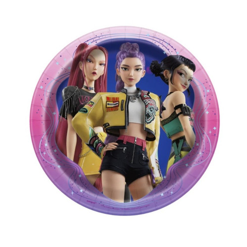 K Pop Demon Hunters Dessert Plates. These licensed round paper plates include a group shot of Huntrix in front of a pink, purple, and blue background. Package includes 8 count paper plates measuring 6.75in.