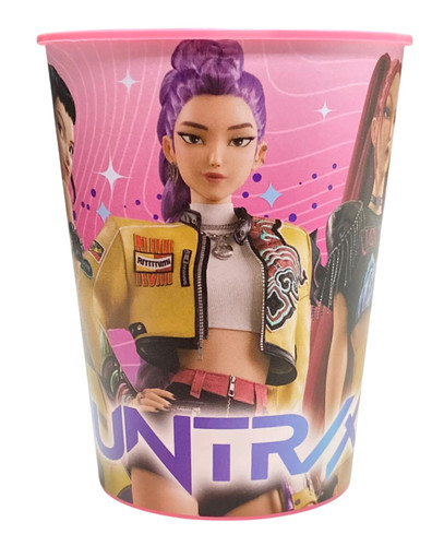 K Pop Demon Hunters Plastic Favor Cup. This pink plastic cup features a wrap around design with a pattern of pink fading to purple, covered with a pattern of lines and sparkles. Zoey, Rumi, and Mira stand behind the "HUNTRIX" logo in blue ombre text. Package includes 1 cup measuring 16oz.