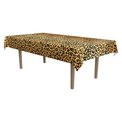 Leopard Print Plastic Tablecover. This rectangular plastic cover features a classic leopard spot print. Measures 54in x 108in.
