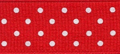 Swiss Dot Grosgrain Ribbon - Red, 5/8in x 6yds. This polyester ribbon features a red color with white dots.