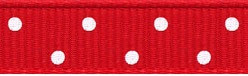 Spatial Dot Grosgrain Ribbon. This polyester ribbon features a red color with two lines of spaced out white dots. Measures 3/8in x 4yds.