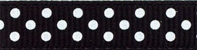 Swiss Dot Grosgrain Ribbon - Black This skinny polyester ribbon features a black color with white dots. Measures 3/8in x 5yds.