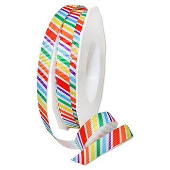 Deco Rainbow Ribbon. This skinny polyester ribbon features diagonal stripes with varied thickness in rainbow multicolor and white. Measures 3/8in x 3yds.