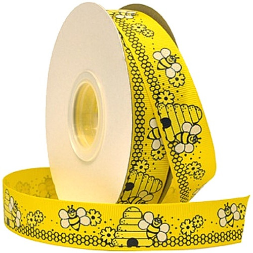 Glittered Bees Grosgrain Ribbon. This yellow polyester ribbon features a pattern of bees, beehives, and flowers, with white iridescent glitter on the bees' wings. Measures 7/8in x 3yds.