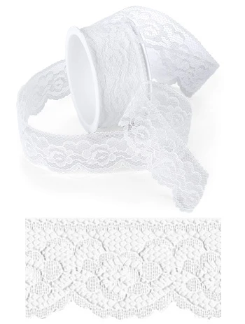 Antique White Lace Ribbon. This white lace trim features a delicate floral pattern, with one edge straight and the other scalloped. Measures 2in x 3yds.
