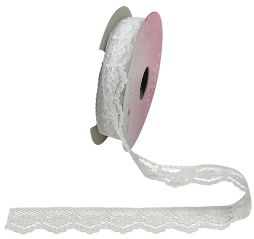 Mia White Lace Ribbon. This white polyester lace trim features a delicate floral pattern, with one edge straight and the other scalloped. Measures 5/8in x 5yds.