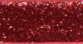 Velvet Glitter Ribbon - Ruby. This skinny polyester and nylon ribbon features a red tinsel texture. Available in 5/8in x 3yds.