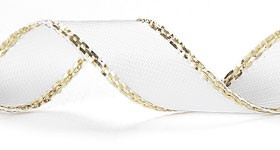 Double Face Satin Ribbon with Gold Edge. This skinny white polyester ribbon features a shimmery edge of gold. Measures 3/8in x 15yds.